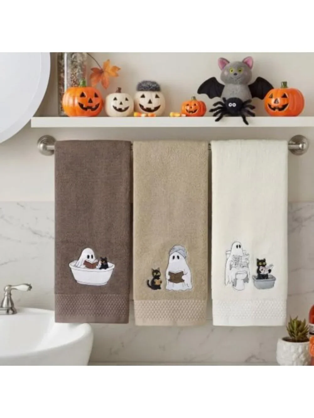 Set of 3 Halloween Hand Towels - 100% Cotton, Embroidered Ghost Design